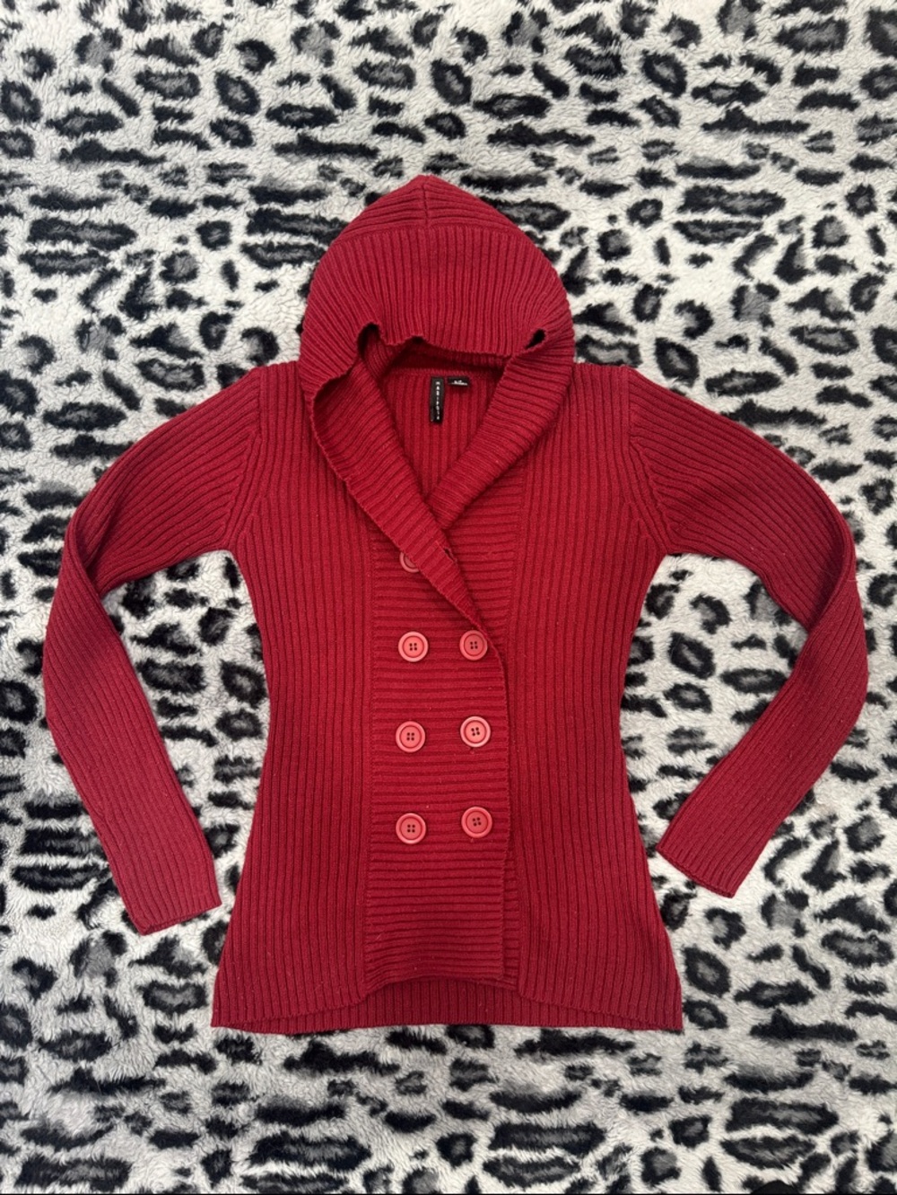 Mariposa Red Ribbed Hooded Double-Breasted Sweater Cardigan - Picture 1 of 6